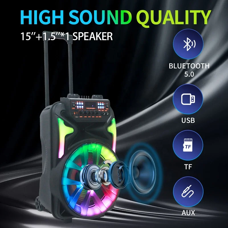 50W 15 Inch woofer EQ control DJ Karaoke Bass RGB Light Wireless BT MIC USB Trolley Bluetooths Portable Speakers With Microphone