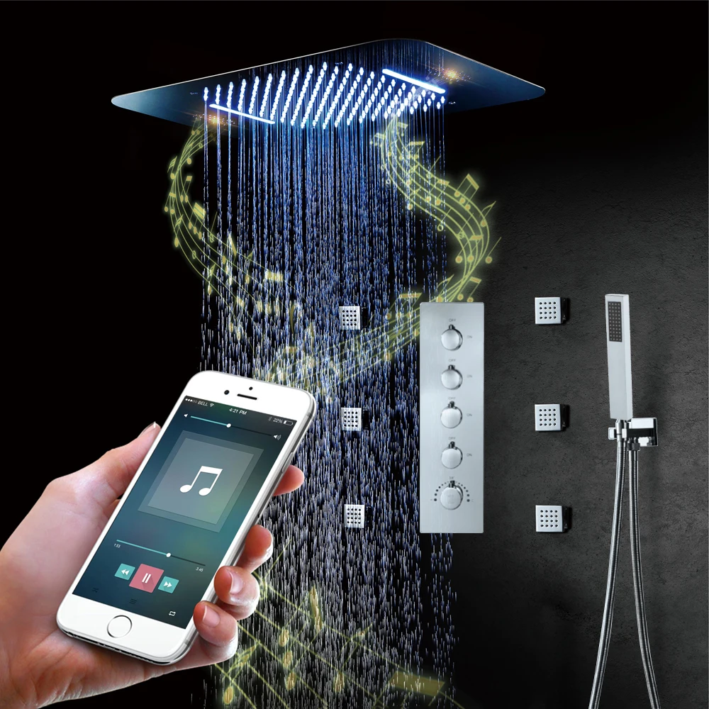 ceiling  23*15 inch LED Music System Rain and Waterfall Shower Faucet telephone Thermostatic Shower Mixer Set