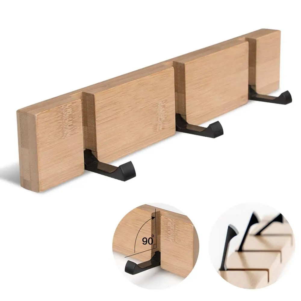 Bamboo Wall Mounted Coat Rack with Retractable Hooks