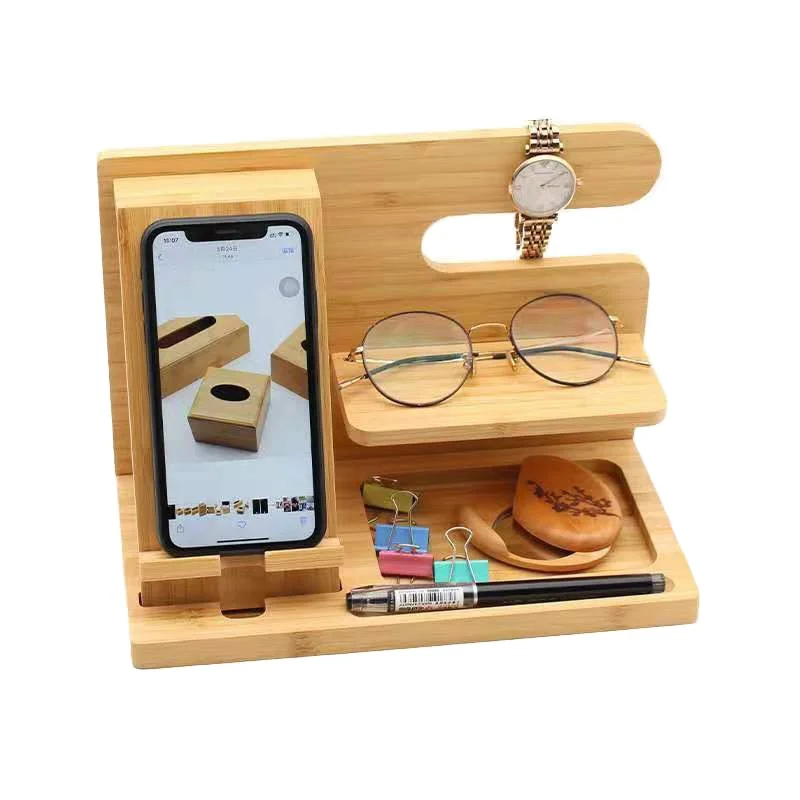 Bamboo Wood Phone Docking Station Key Holder Wallet Stand Watch Organizer and Accessories