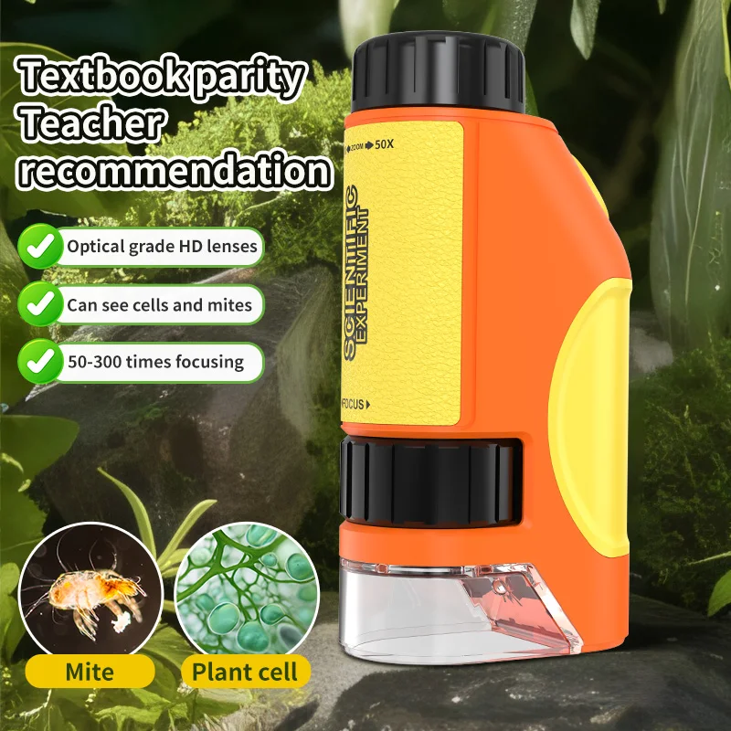60-300x Kids Science LED Light Mini Plastic Handheld Microscope Toy Kit Educational Outdoor Toy for Children