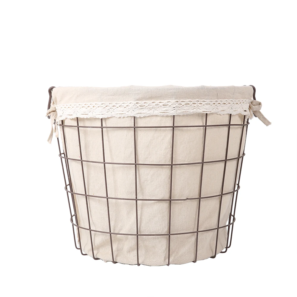 Metal Wire high quality material with  cotton lining  Laundry Basket  iron storage basket white canvas natural storage basket