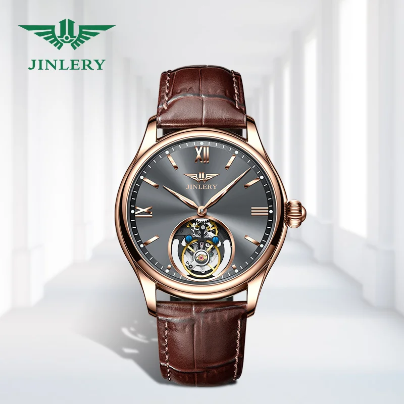 JINLERY Tourbillon Watch Leather Strap Luminous Pointer Eccentric Axis Mechanical Tourbillon Watch for men