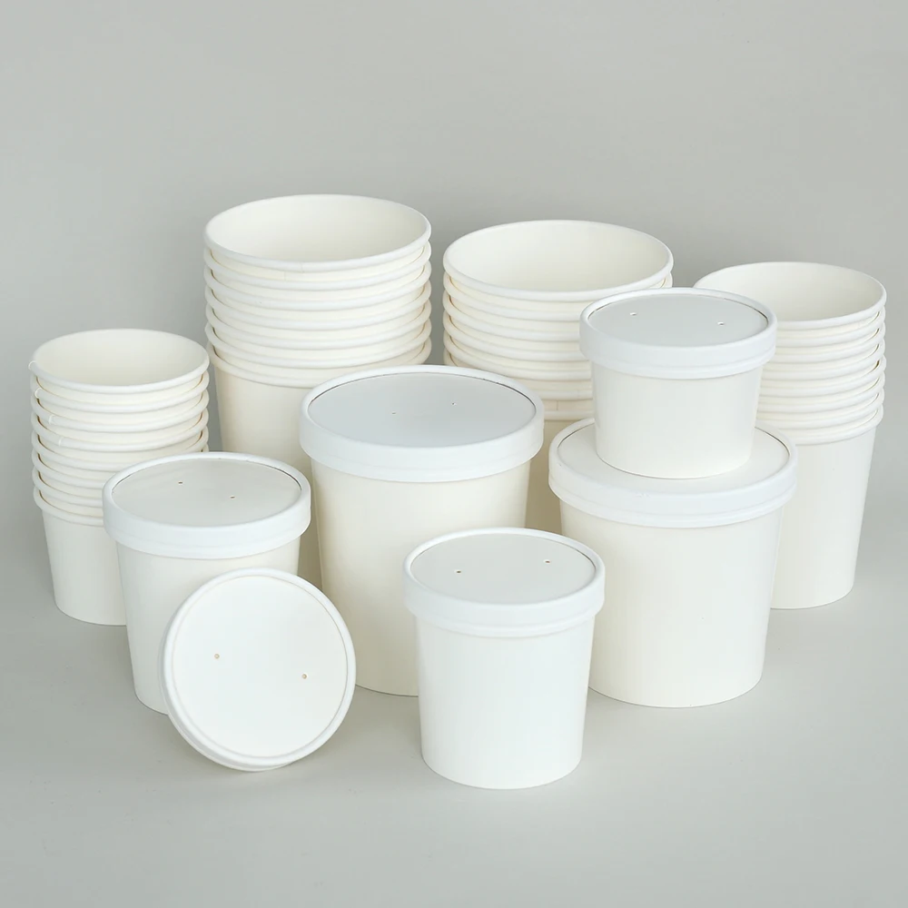 Frozen Dessert Cups Disposable White Paper Ice Cream Bowl Cups Freezer Containers With Lids for Meal Prep Soup