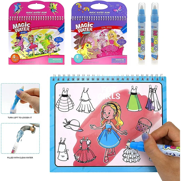 Educational magical watercolor drawing booklet and kids water full coloring painting reusable book set
