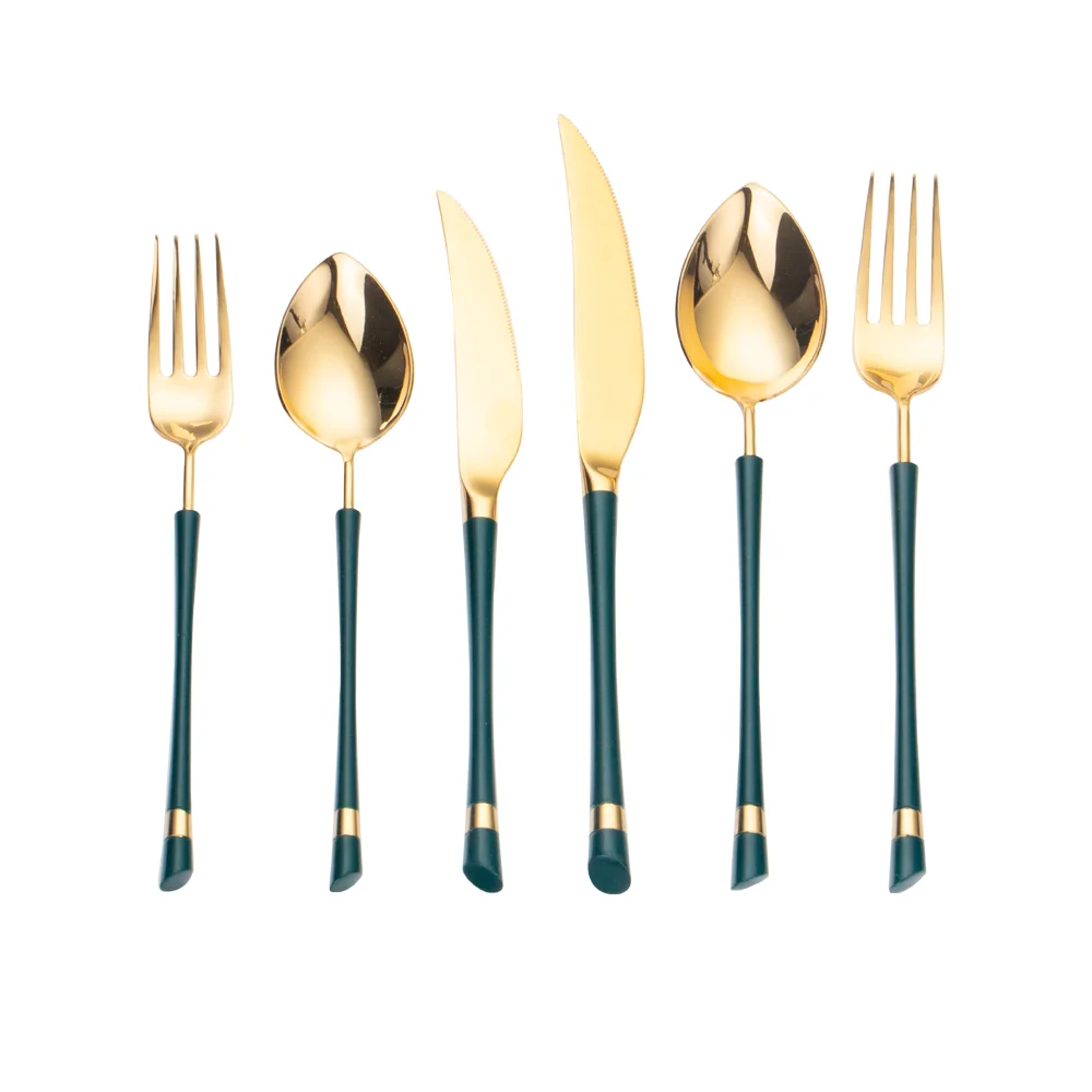 Wedding Plating green Handle Gold Flatware Sets Knife Fork And Spoon green and gold cutlery set manufacturers Flatware Cutlery