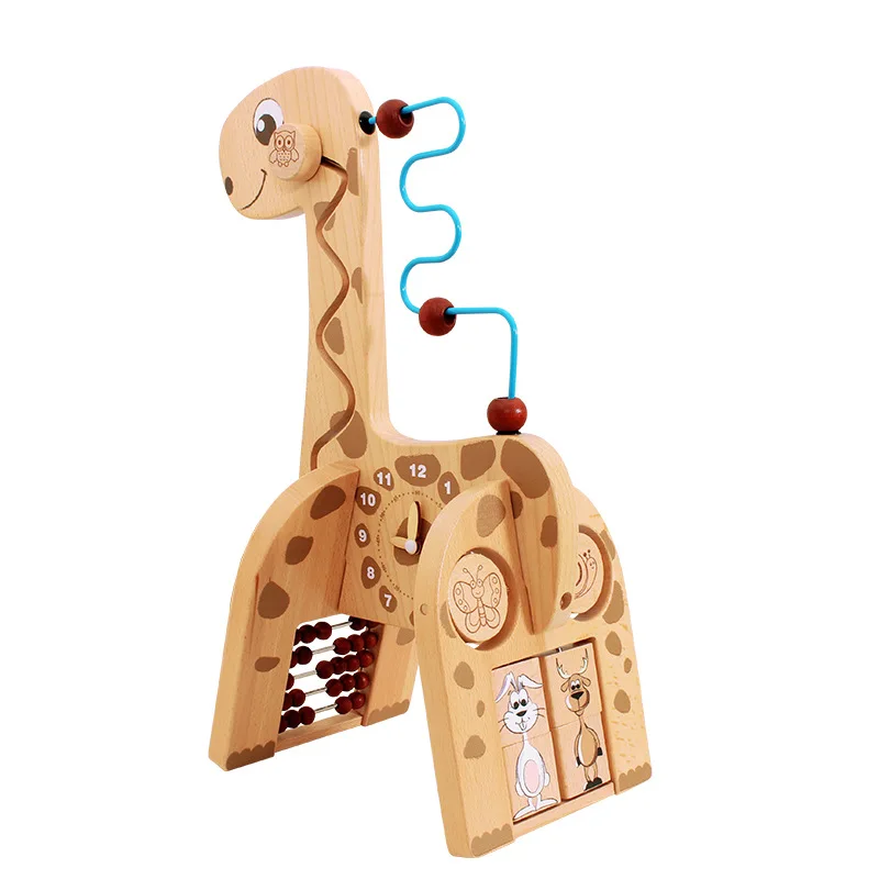 Beech wood multi function giraffe Beaded abacus learning frame early education toy building block treasure chest