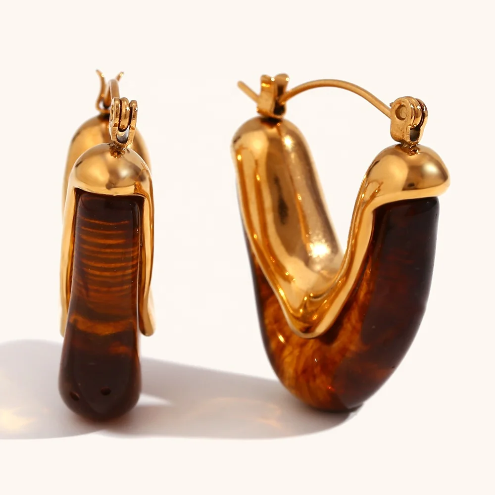 Wholesale Custom Fashion Jewelry 18K Gold Plated Stainless Steel Acrylic  Geometric V-shape Triangle Hoop Earrings For Women