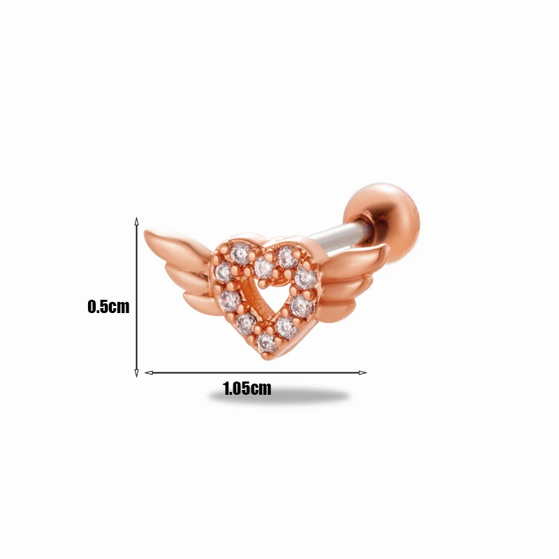 custom stainless steel screw back cubic zirconia love heart wing tragus helix piercing jewelry ear cartilage stud earrings