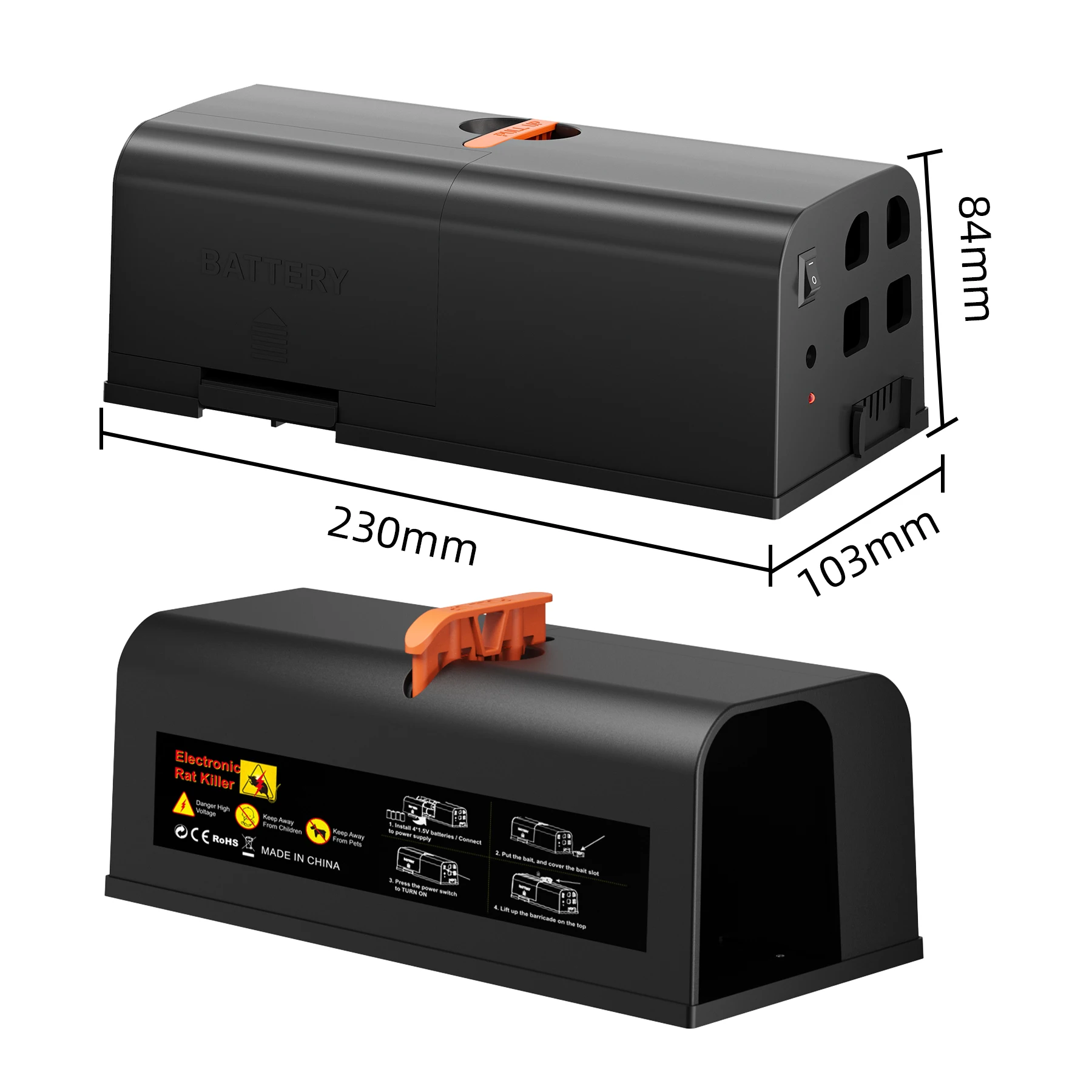 Electric Mouse Trap Zapper in No-touch Design Battery Rat Controller High-Voltage Rodent Mice Traps Mouse Killer for Home