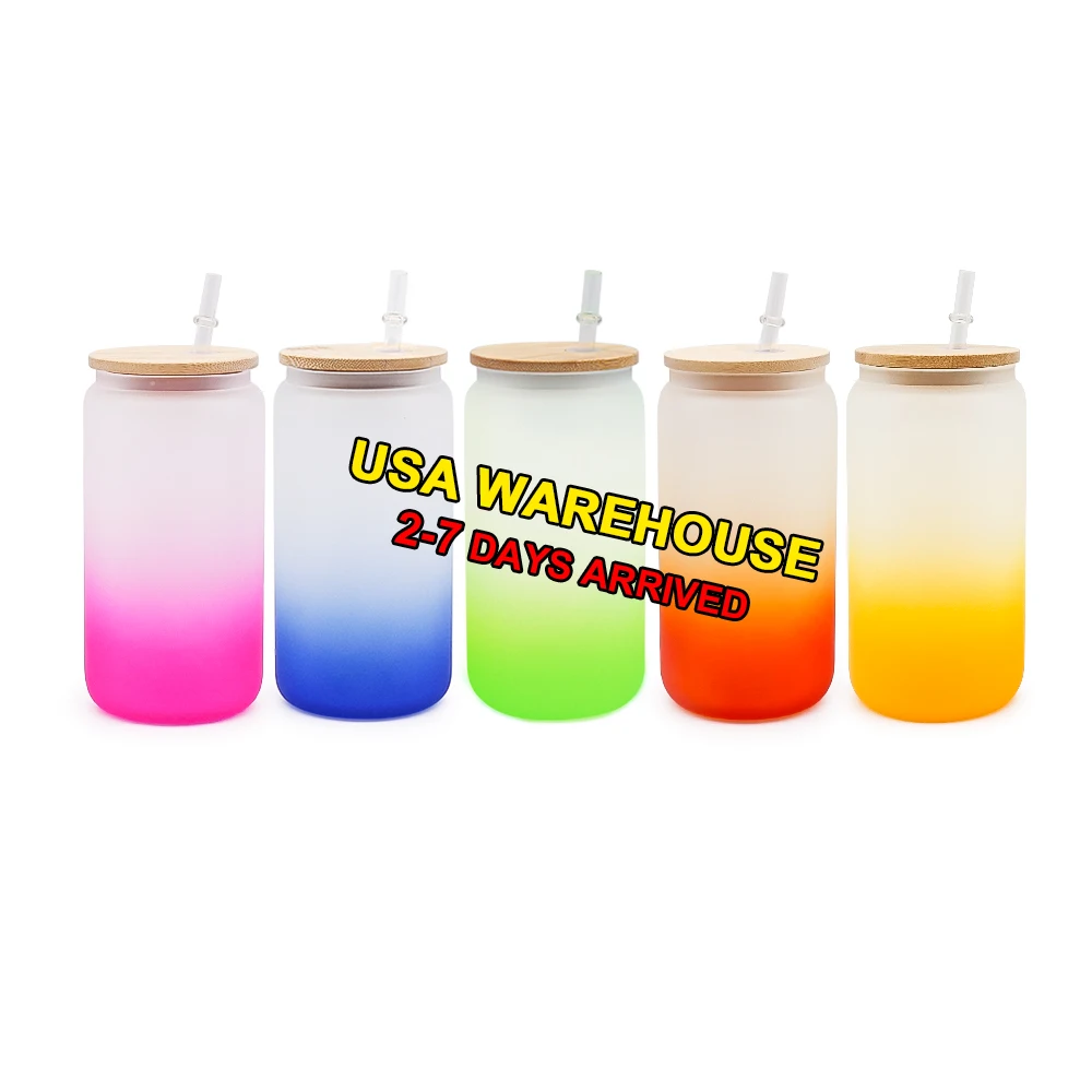 USA Warehouse 16oz Portable Beverage Colorful Coffee Ombre Gradient Frosted Glass Beer Bottles Jar Cup with Bamboo Lid