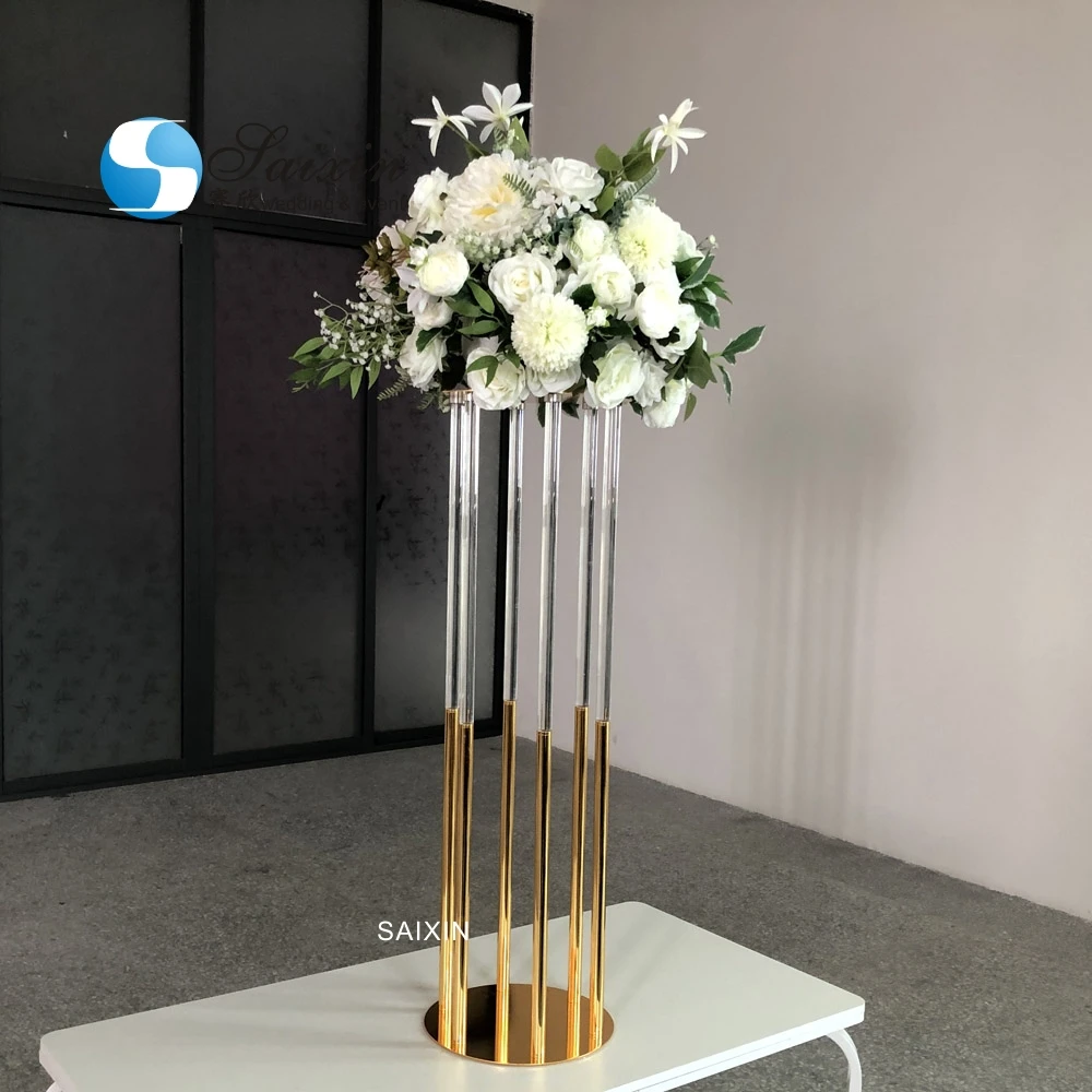 ZT-561 New 6 pole gold with clear crystal flower stand for wedding decor