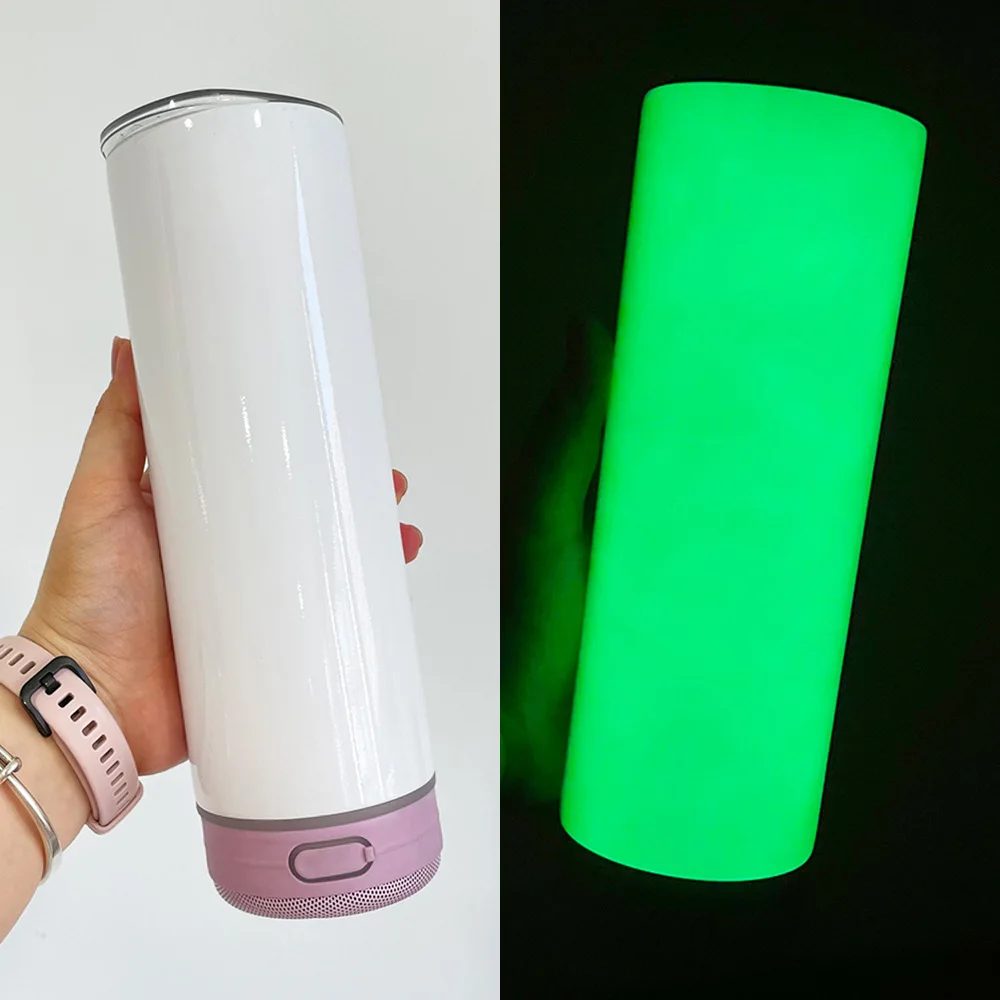 Wholesale 20oz Glow in the Dark Skinny Steel Travel  Sublimation Vacuum Bluetooth Speaker Coffee Mug Tumbler with Lid On It