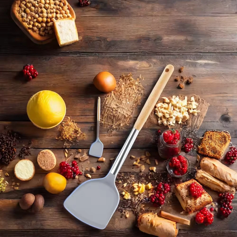 Wooden Handle Non Scratch Flipper Heat Resistant Flexible Small Kitchen Turner Silicone Cookie Shovel for Nonstick Cookware