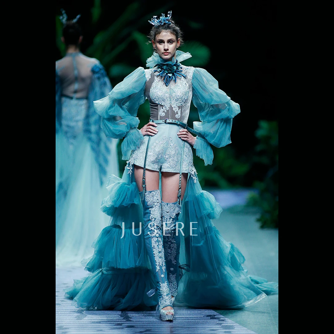 Jusere Fashion Dress high collar long sleeves 3d flowers short jumpsuit evening dress elegant blue party gown