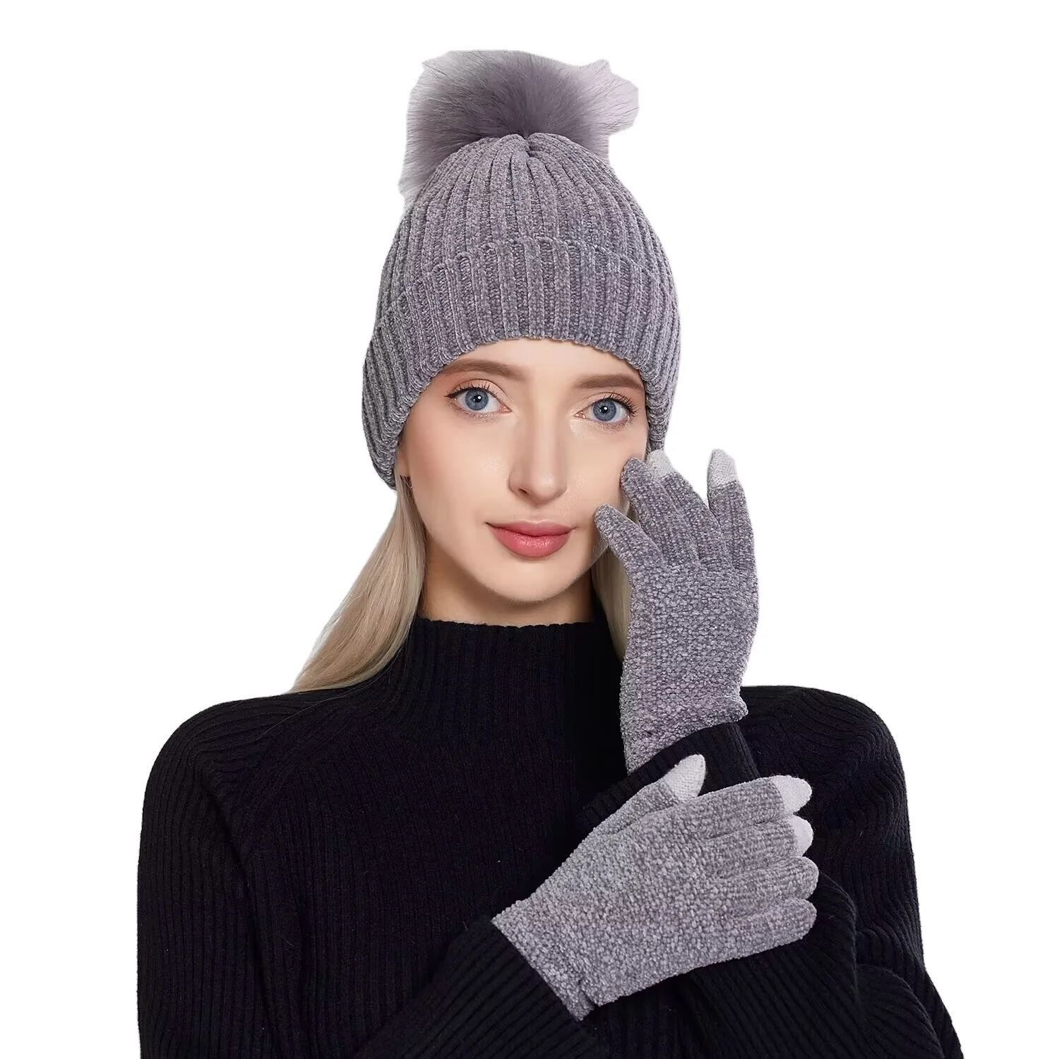 Women Beanie Hats Winter Gloves Soft Knit Warm Hat and Gloves Sets Lady Earmuffs Cap for Women Young Girls
