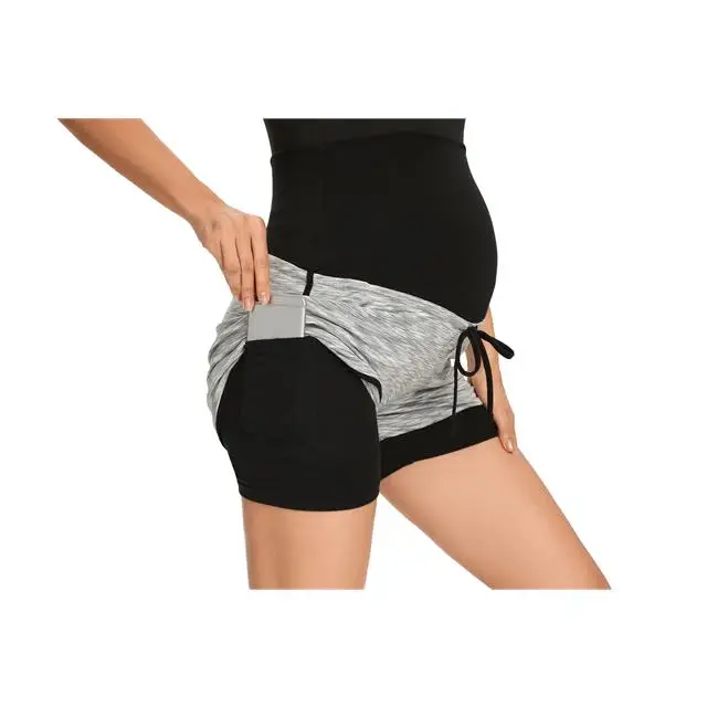 Hot Selling Over Belly Double Layer Maternity Yoga Shorts With Invisible Pockets