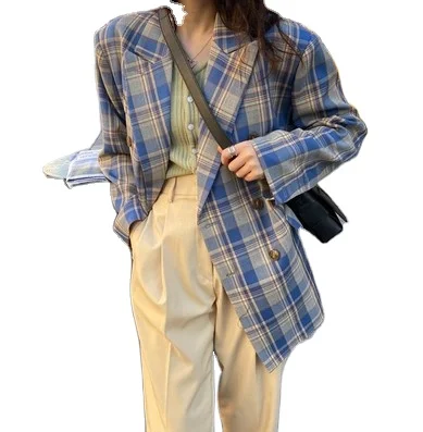 2024 Spring and autumn new casual loose double-breasted ladies plaid small suit jacket