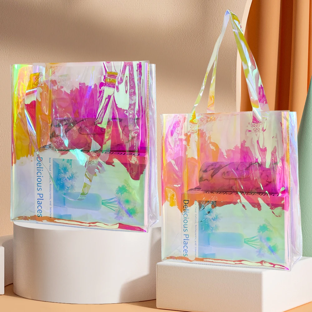 Wholesale Custom Design Hologram Plastic Pvc Cosmetic Shopping Bag Gift Bag Transparent Holographic Pvc Tote Bag