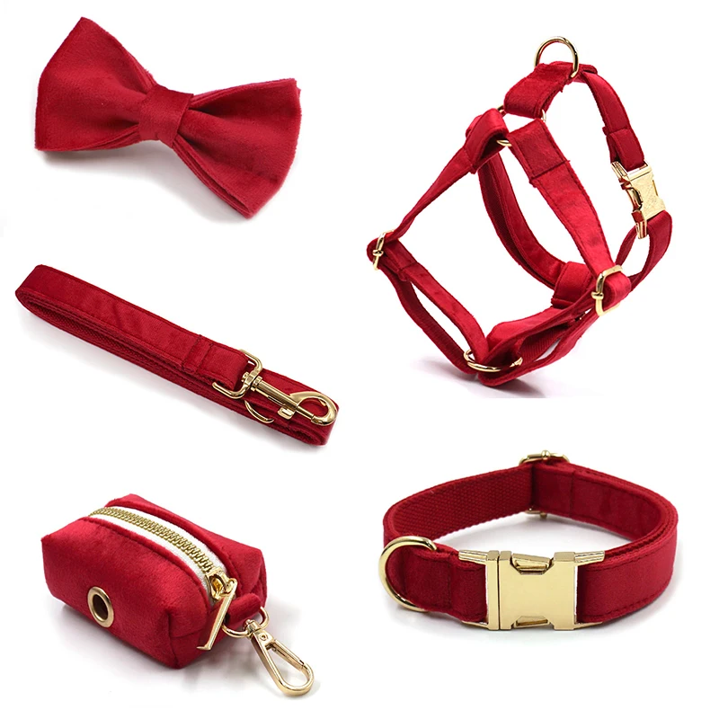 New Christmas Luxury designers velvet pet dog harness leash and collar bowtie poop bag dog harness corduroy with metal buckle