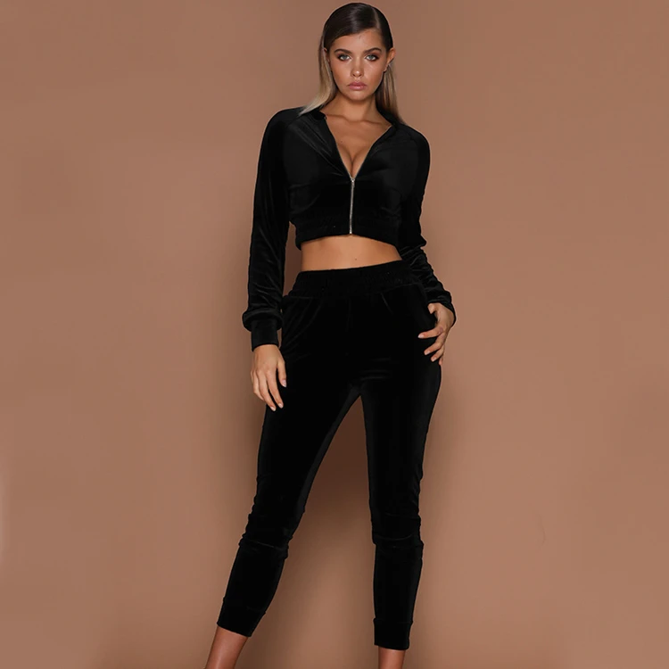 Winter ladies high quality velvet fabric suit ladies solid color zipper sweater sports trousers two-piece sportswear suit