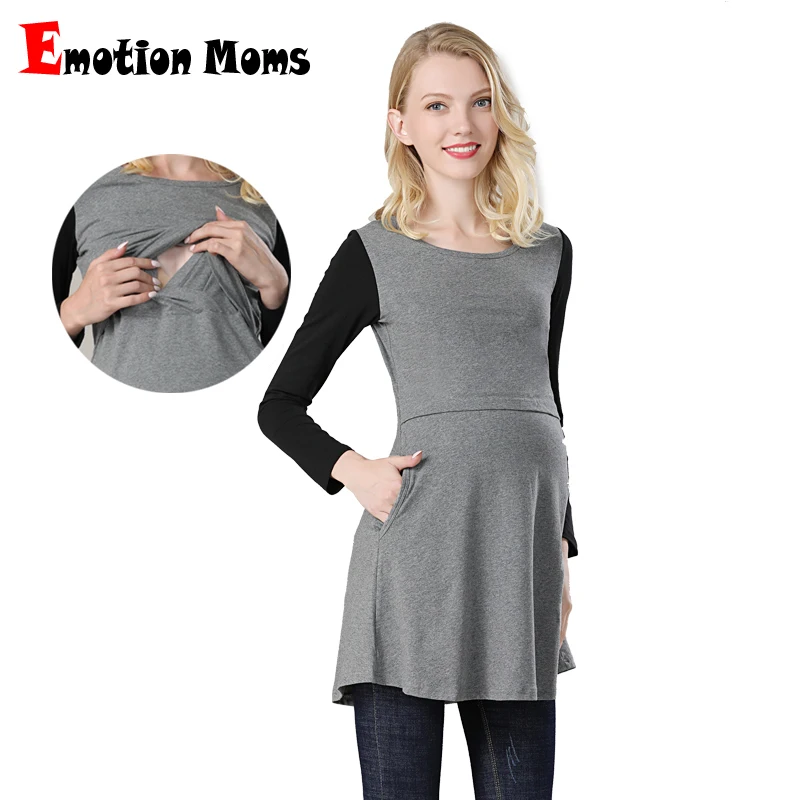 Autumn/Fall Long Maternity Blouse Long Sleeve Women Pregnancy Clothes Stretch Cotton Lactation T shirt Color Block