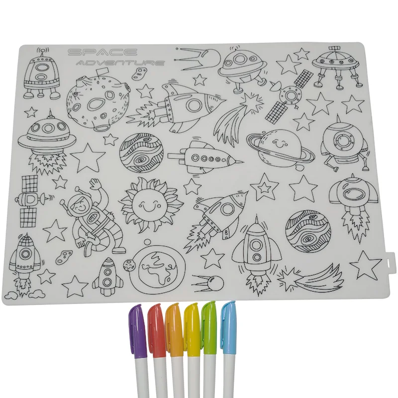 Safe and Non-Toxic Toddler Placemats Silicone Kids Placemats Coloring Mats with Different Colored Washable Markers