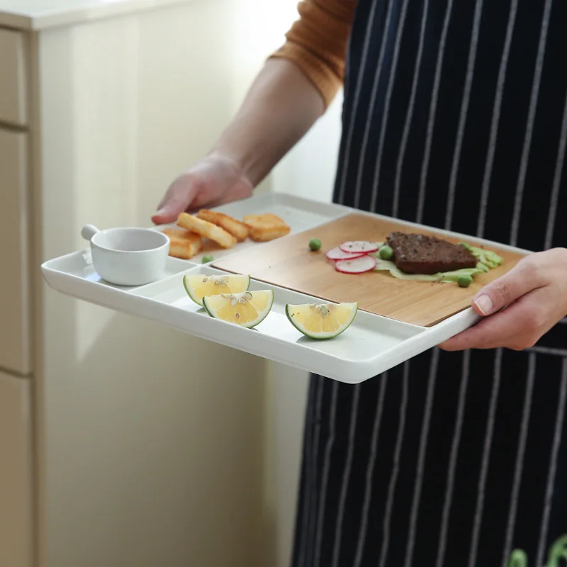 Popular rectangle cheese cutting chopping board white glazed large plate dish Ceramic Dinner Plate