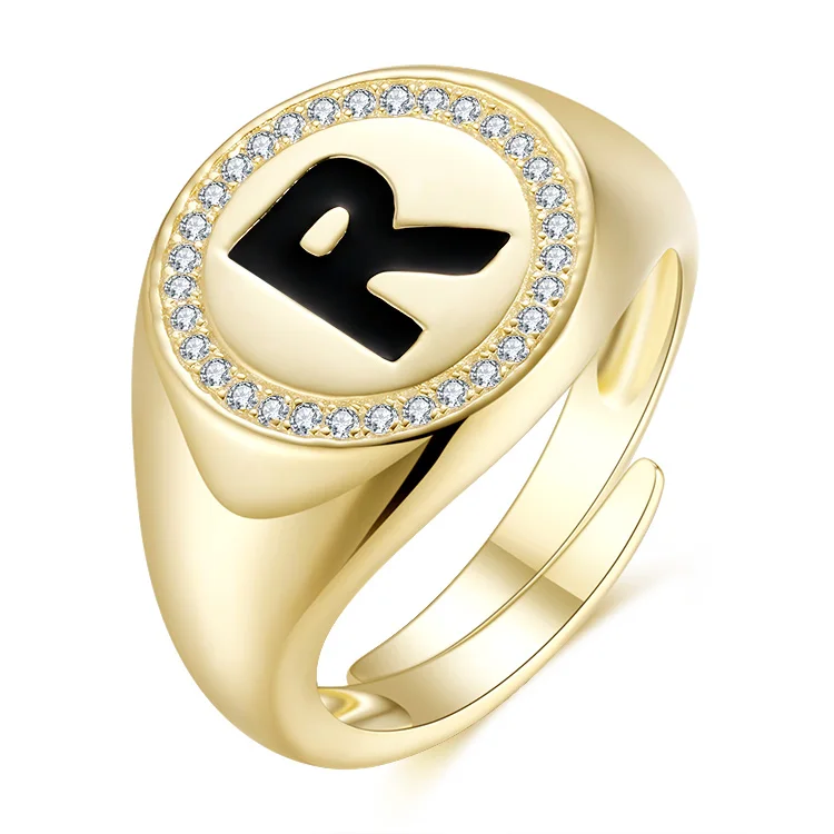 BAROLI Gold Filled Trendy Jewelry 925 Silver Chundy Capital R Letters Initial Signet Statement Adjustable Ring For Girl Gift