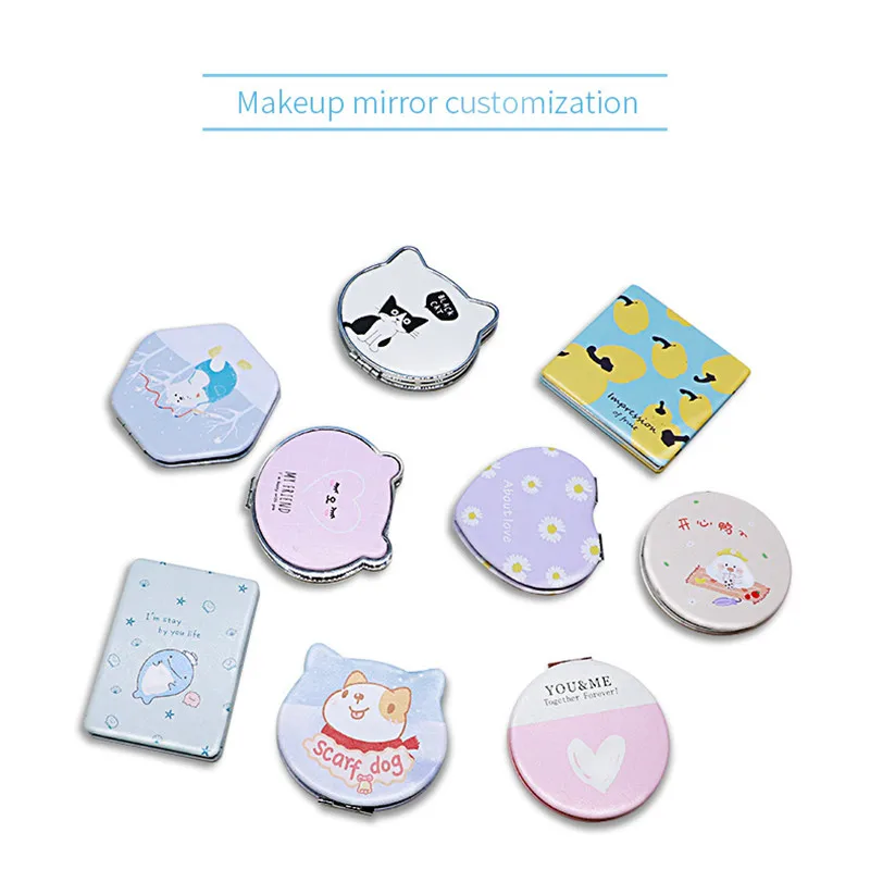 Print Your LOGO White Color Blank Double Sides Round Square Heart Mirror PU Leather Portable Little Pocket Mirror