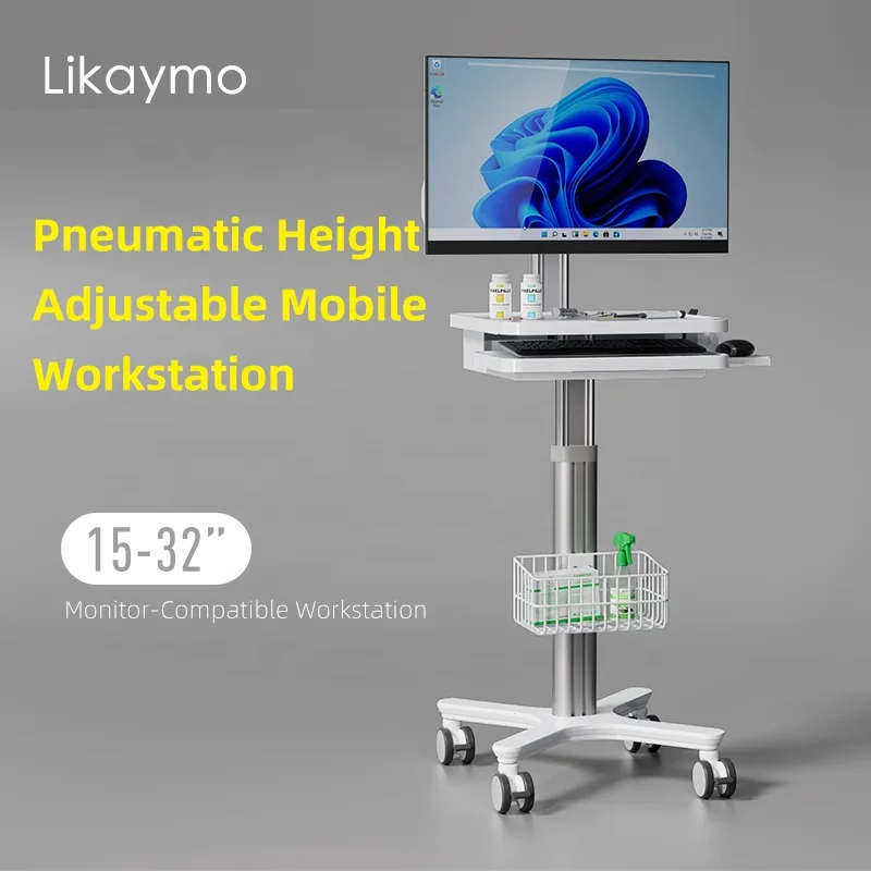 Pneumatic Type Mobile Cart Workstation Adjustable for Lifting and Lowering Medical Trolley Cart  with All-in-one Computer