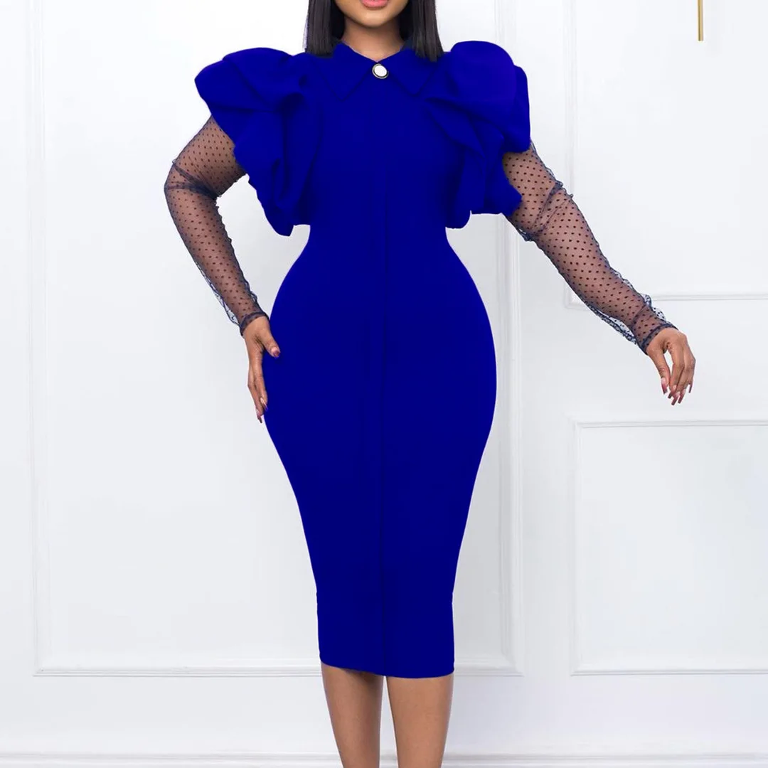 Women Formal New Style Lapel Slim Career Dresses Ruched Mesh Sleeves Elegant Ladies Office Plus Size Pleated Pencil Dress