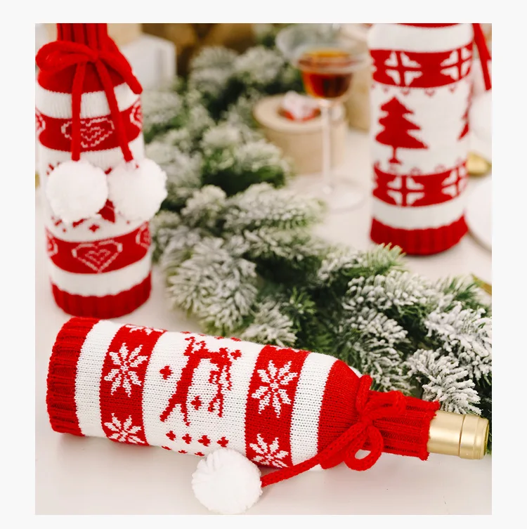 Christmas Red Wine Bottle Covers Handmade Knit Sweater Champagne Bags Reusable Wine Gift Bags For Christmas Birthday Decorations