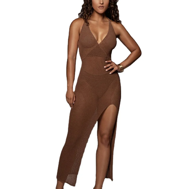 2022 New Fashion v-Neck Halter Lace-Up Perspective Crochet Beach Sling Long Dress