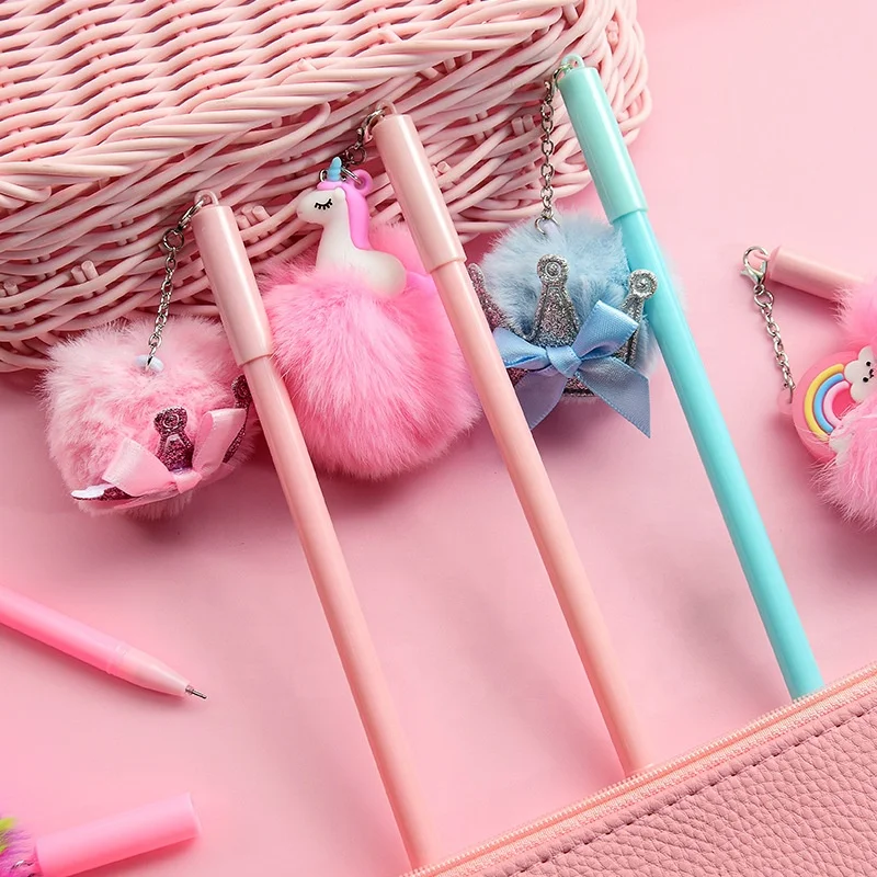 Cute Unicorn Gel Pens kawaii Fur Cartoon Creative animal ball pen pom pom stationery school supplies
