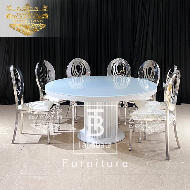 Restaurant furniture white metal glass top round dining table with 6 chairs