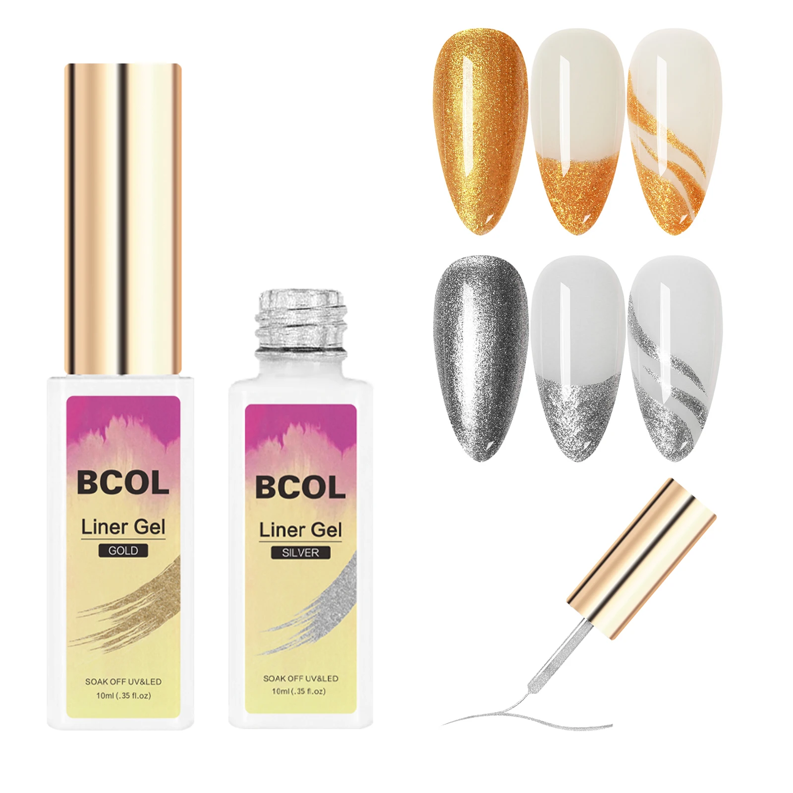 BCOL Wholesale Hot Golden Colors New Design Gel Polish Kit For Nails OEM Liner Set Nail Art Painting 2 Bottles 10ml