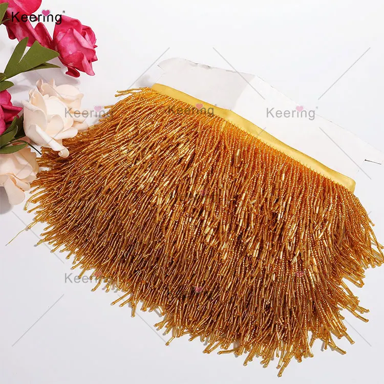 Keering Hot-selling 10-13cm In Stock Colorful Decorative Beaded Fringe Trimming Orange Beaded Trimmings For Sewing