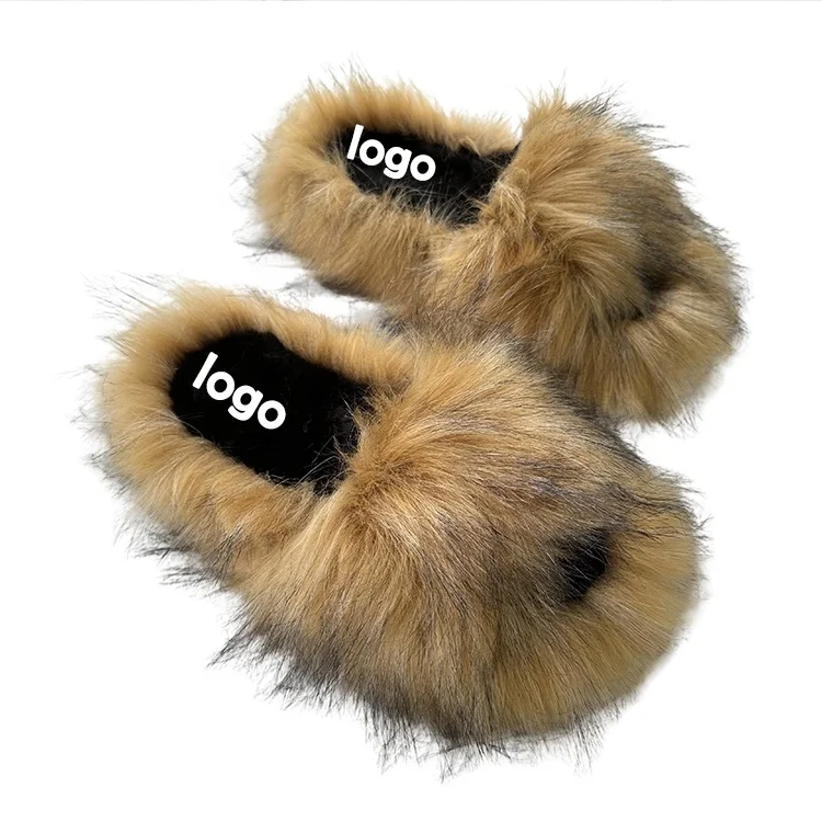 New Fur Plush Slippers Unisex Winter Outdoor Custom Warm Slippers Imitation Raccoon Fur Ladies Slippers