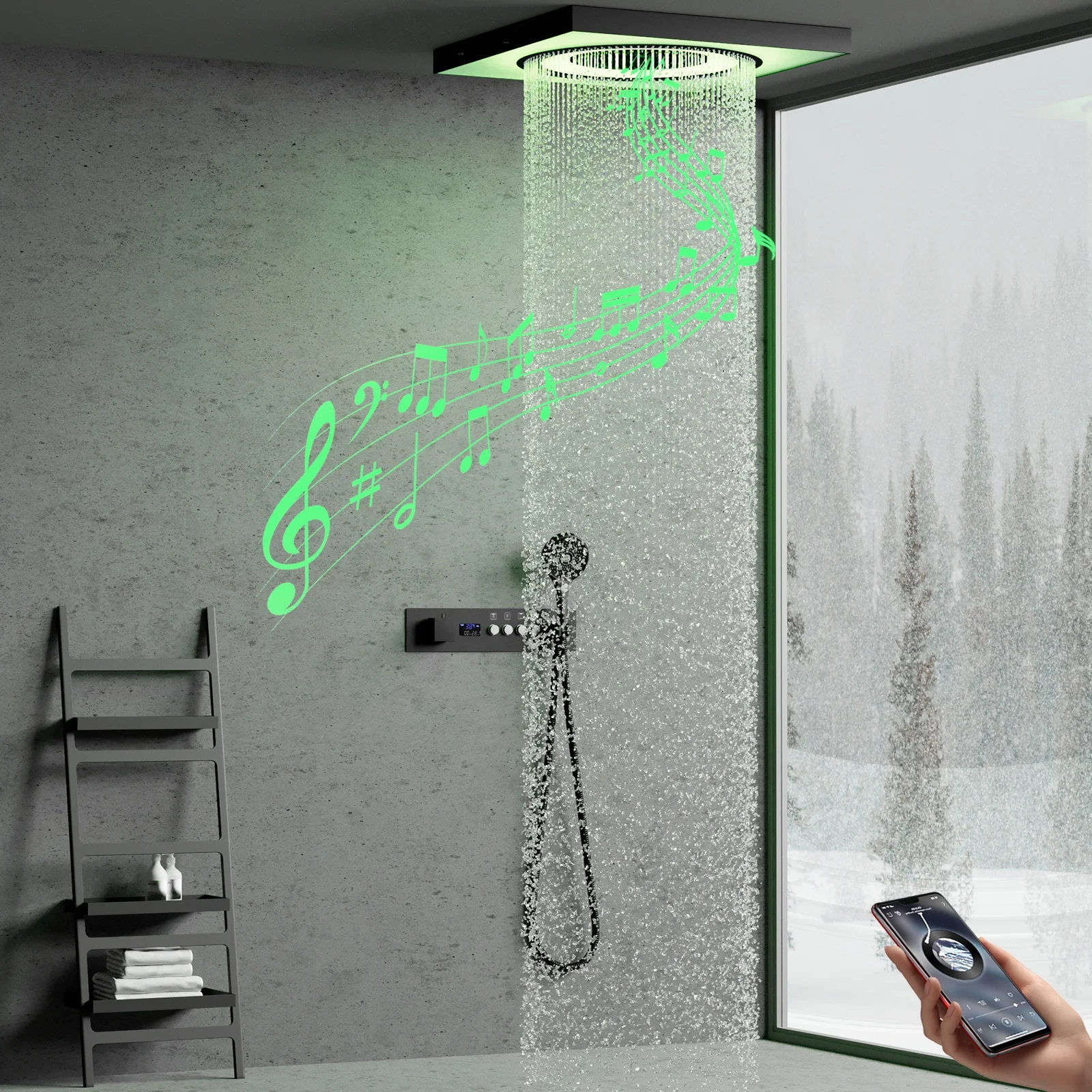 Bathroom LED Rainfall Shower Set Embed Ceiling 600*600mm LED Music Shower Head Set Thermostatic Digital Display Diverter Valve