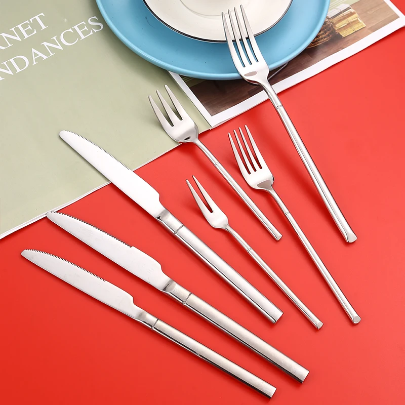 Stainless steel 304 knight square sterling silver handle high-end hotel restaurant tableware spoon and fork cutlery set