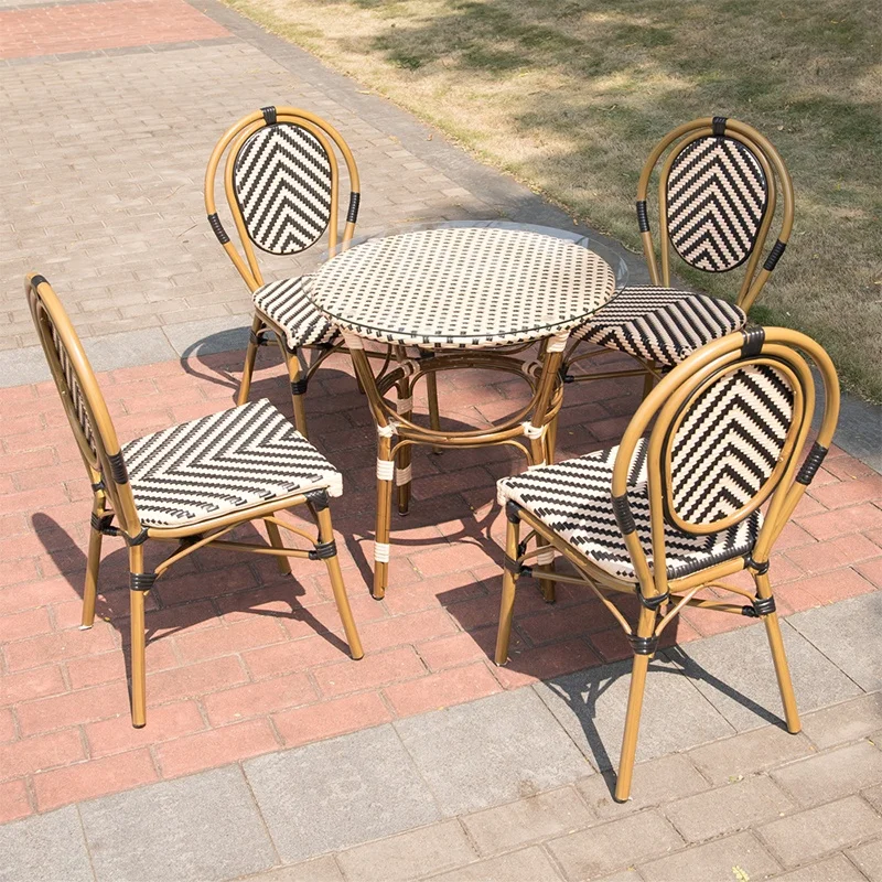 Cheap Outdoor modern Garden/Restaurant  French Style Aluminum Rattan Garden Stackable Wicker Bamboo Chairs