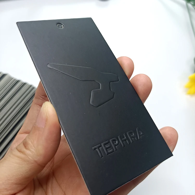 Custom embossed logo design black black cardboard art paper price tag hang tags clothing,printed garment hangtag