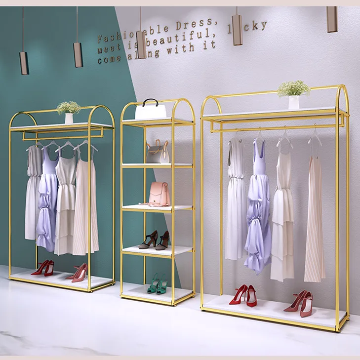 Light luxury female dress display racks clothing store storage rack stands iron frame clothes racks