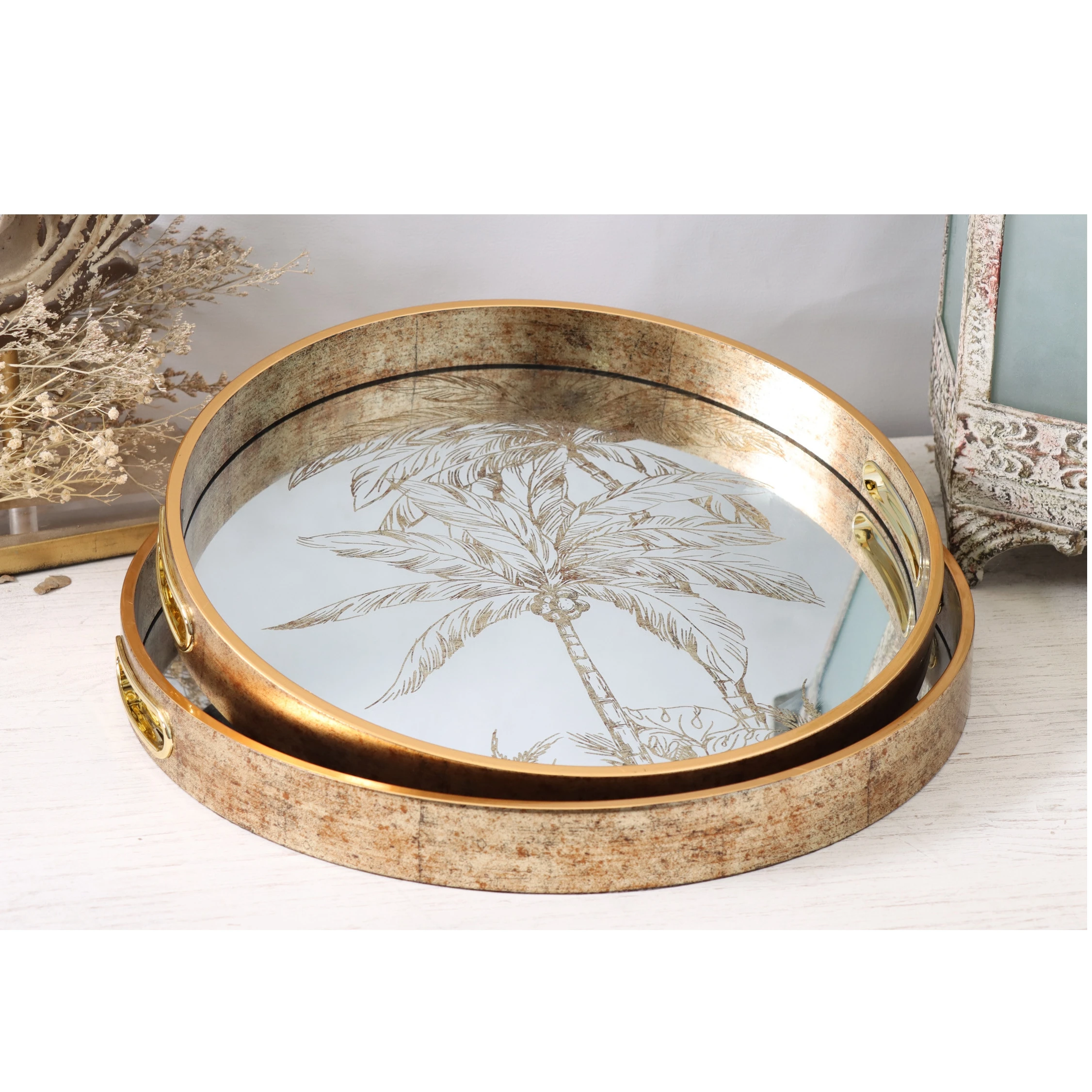 Palm Tree Vintage Decorative  Round Mirrored Tray