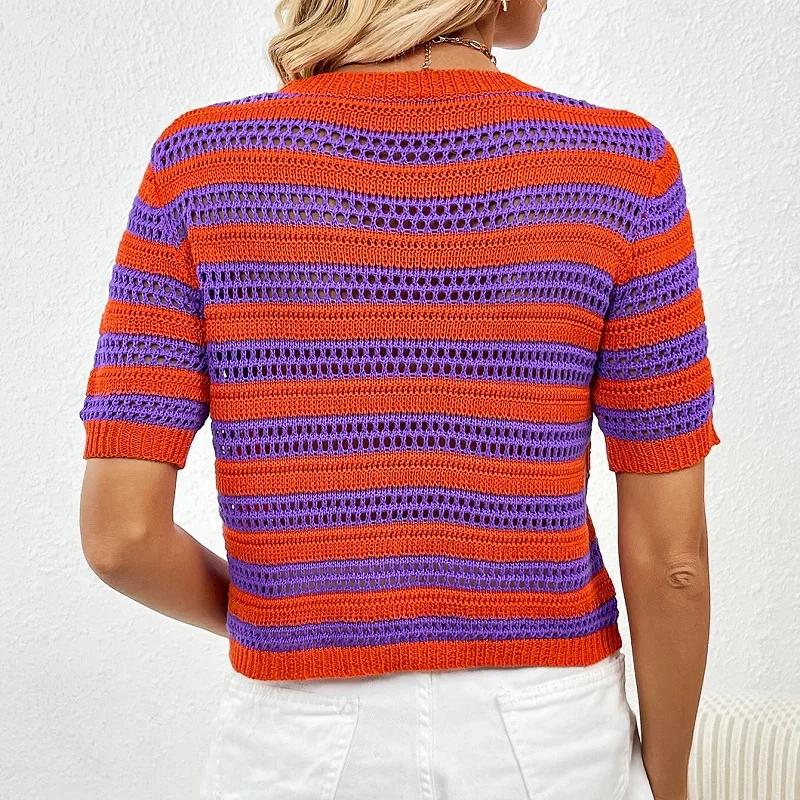 GIMILY Oem custom Pullover Knitted Crochet Sweater For women  Casual Round neck Crop Tops Striped patchwork short sleeved top