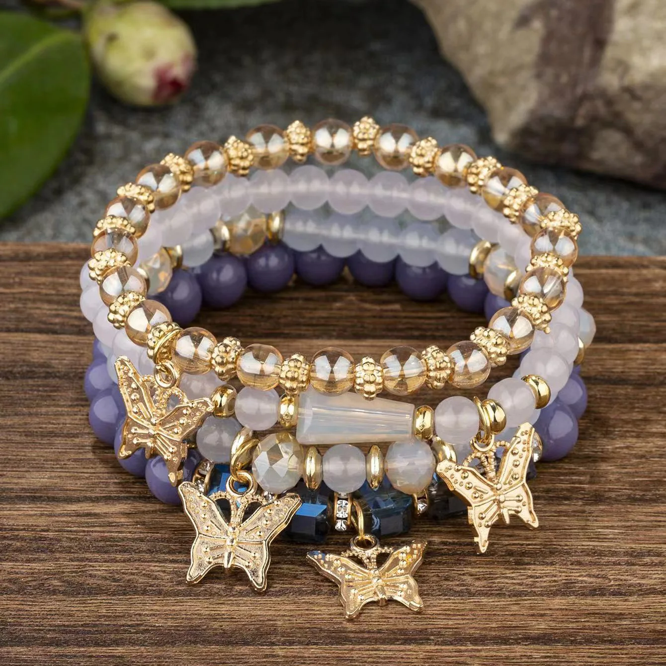 Boho Elastic Gold Plated Crystal Layered Butterfly Beaded Bracelet Women Handmade Beads Bracelet Jewelry For Gift