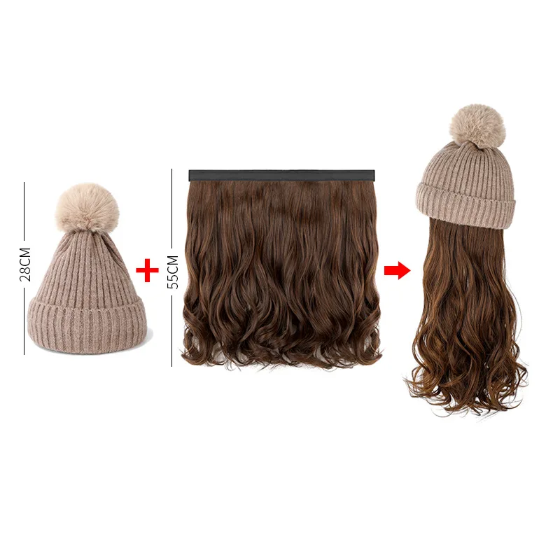 Beanie Hat With Long Wavy Curly Hair Extensions Knit Beanie Winter Warm Hat Synthetic Wig Detachable Hairpiece Warm Pom