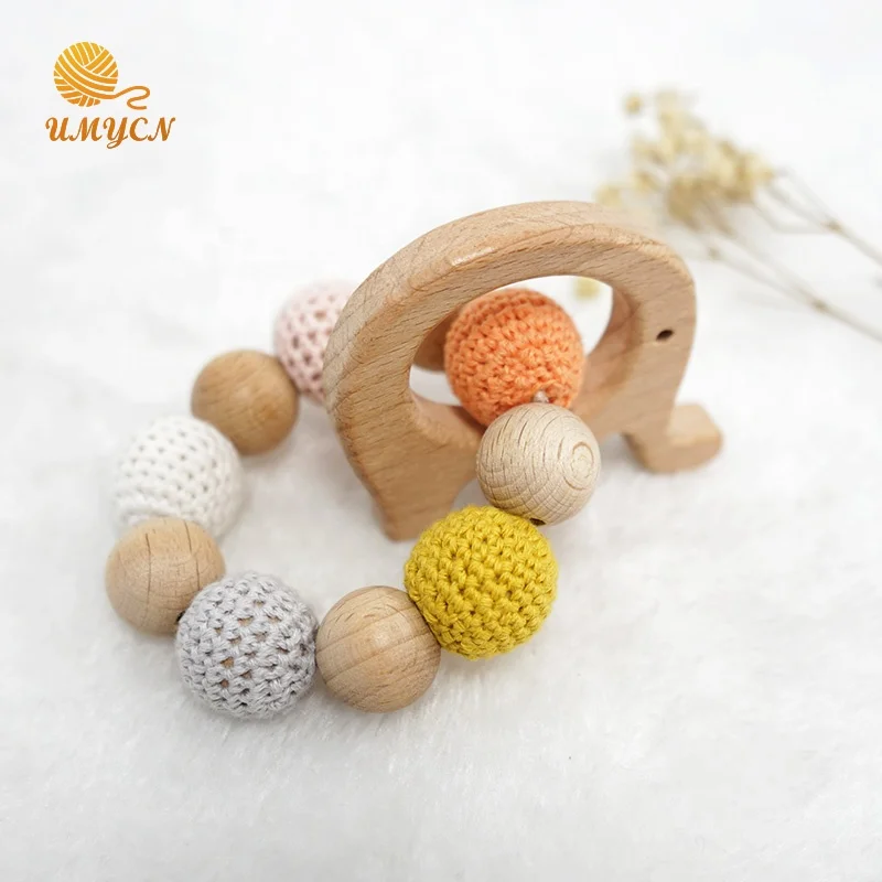 Chewable Beech Crochet Wooden Beads Teething Bracelet Baby Animal Toys