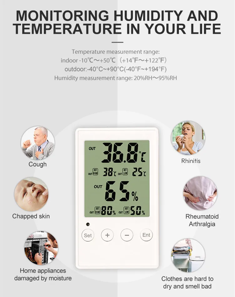 Digital LCD Display Thermometer Hygrometer Indoor and Outdoor Temperature Humidity Monitor Easy To Use And Baby Friendly